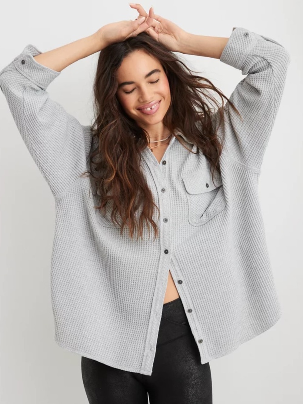 Aerie LumberJane Waffle Shirt - Medium Heather Grey Size Small